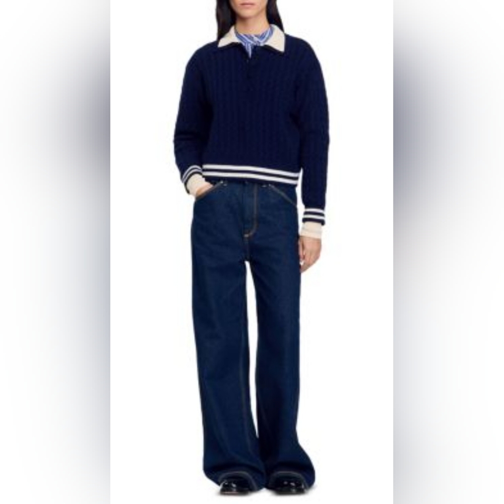 Sandra Paris Fred Cable Knit Sweater Navy Blue & Cream Size/0 US XS NEW